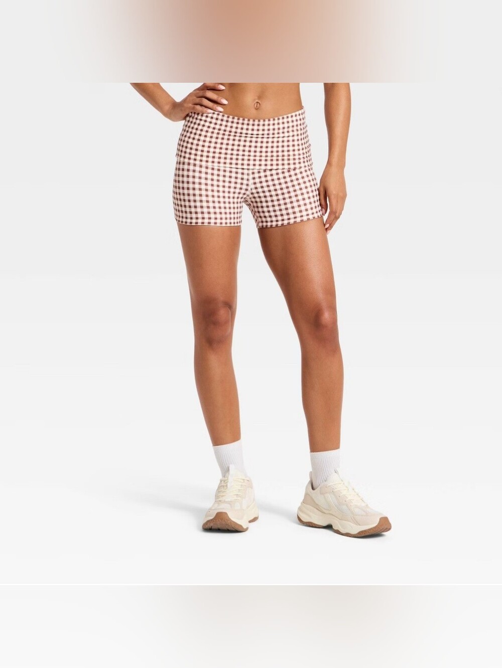 Women's Foldover Waistband Bike Shorts 3" - JoyLab Brown Gingham
